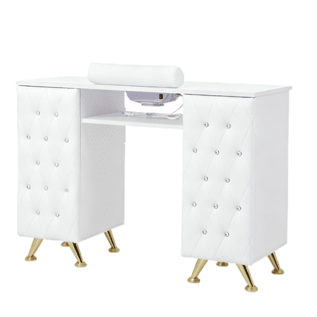 OmySalon Nail Table with Built-in Dust Collector Tufted Nail Tech Desk with Storage & Hand Rest Acetone Resistant Beauty Station for Salon & Spa