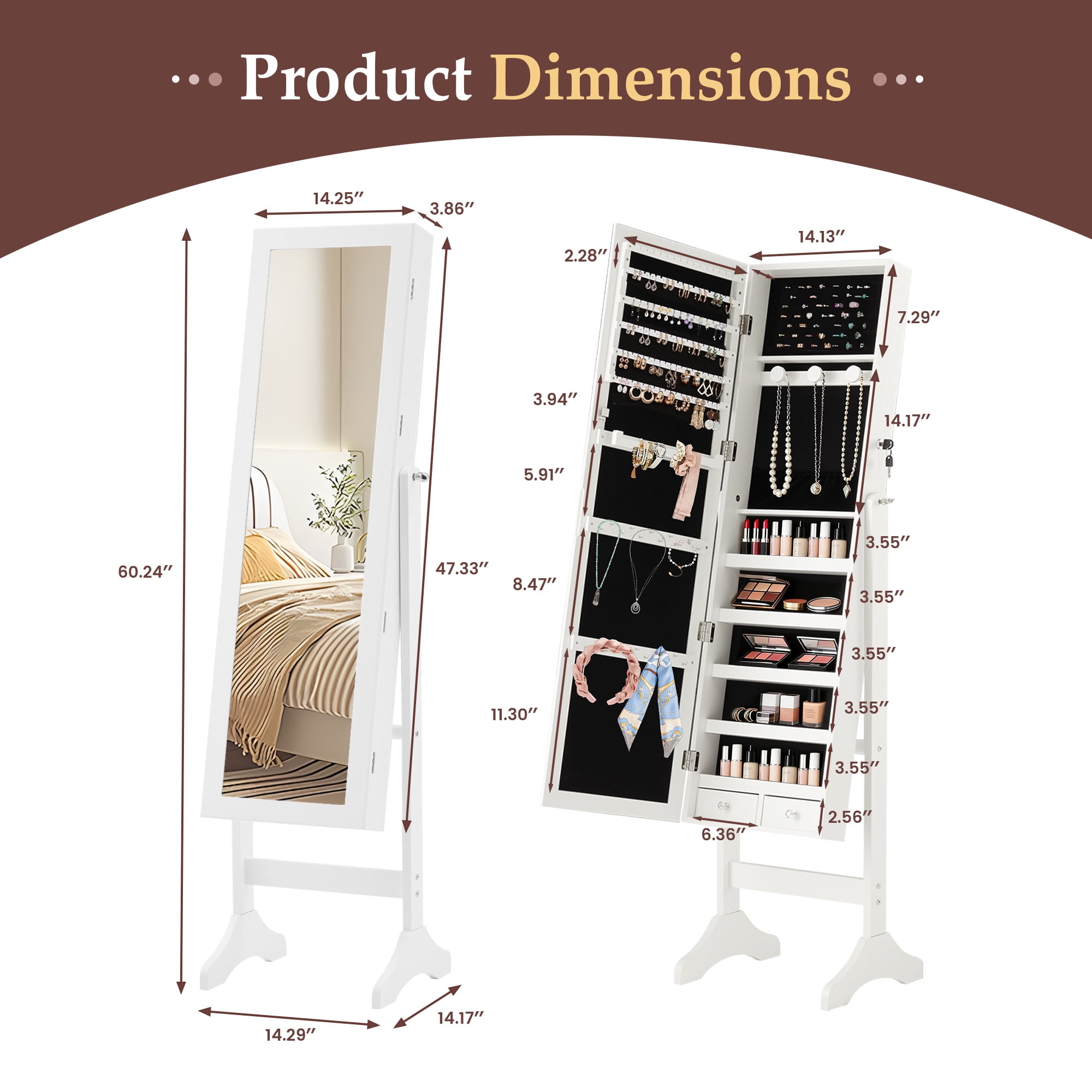 EDX Freestanding Full-Length Mirror Jewelry Cabinet, 3 Angle Adjustable Large Jewelry Armoire Organizer with Makeup Storage, White