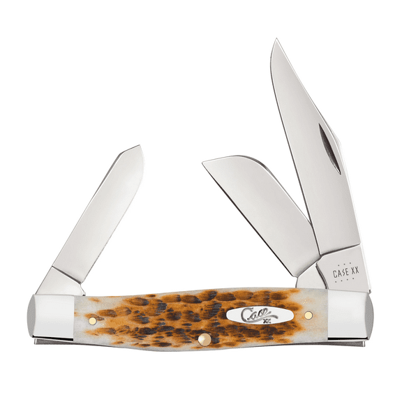Case Large Stockman Pocket Knife 3.3" Clip, Sheepfoot and Spey Tru-Sharp Mirror Polished Blade Jigged Bone Handle Amber