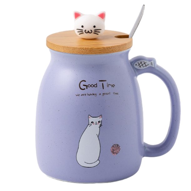 Bonita taza de café de cerámica, bonita tapa de gato con cuchara, posavasos kawaii, novedosa taza de té rosa para mujer, taza de Navidad, regalo del día de la madre, regalo de cumpleaños, 450 ml