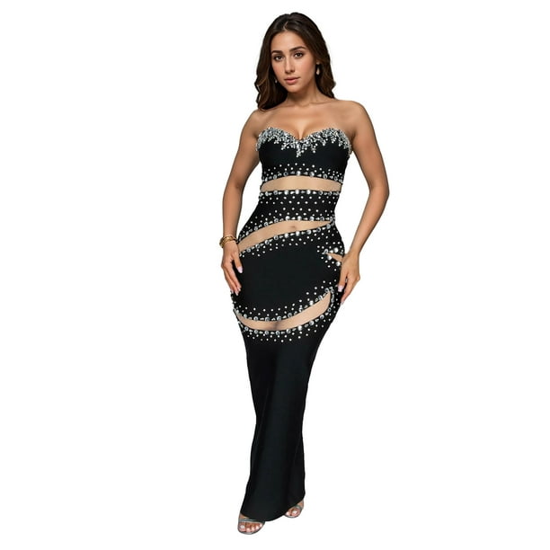 Vestido PORRCEY con hombros descubiertos y taladrado en caliente para fiesta y club