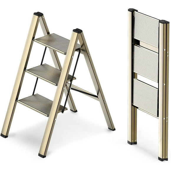 3 Step Ladder, Foldable Step Stool, Aluminum Lightweight Ladder for Home Kitchen Closet, Anti-Slip Pedals, Ease of Folding, Portable, 300lbs Capacity - Gold