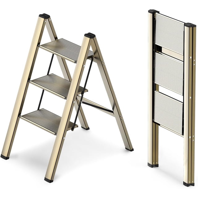 3 Step Ladder, Foldable Step Stool, Aluminum Lightweight Ladder for Home Kitchen Closet, Anti-Slip Pedals, Ease of Folding, Portable, 300lbs Capacity - Gold