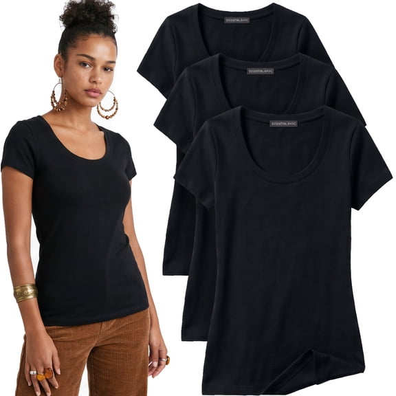 Essential Basic Scoop Neck Short Sleeve Tee Women Basic Tshirt - 3 Pk Value Deal, Junior to Plus Sizes