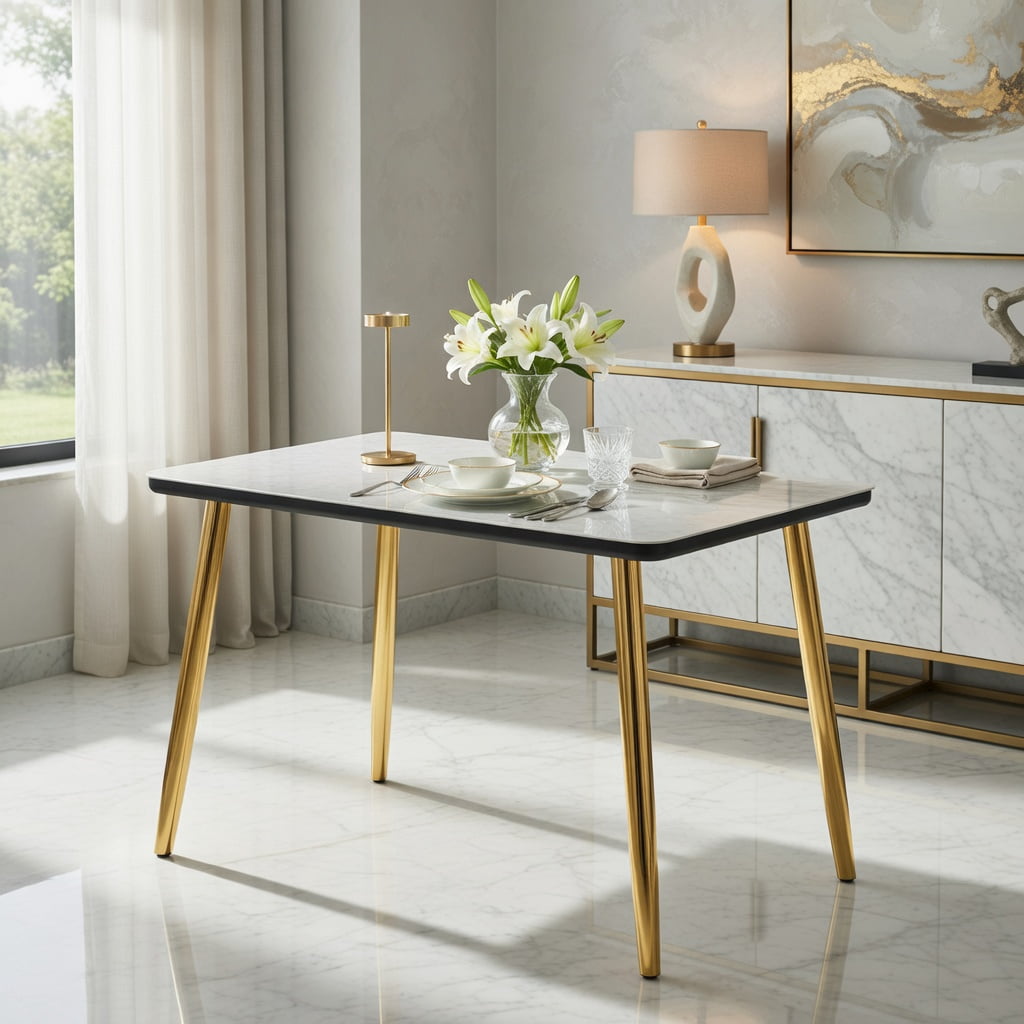 Hommoo Modern Rectangular Dining Table for 4-6 People, Tempered Glass & MDF Top with Imitation Marble Finish, Tapered Metal Legs, Minimalist Design for Small Spaces, White & Gold