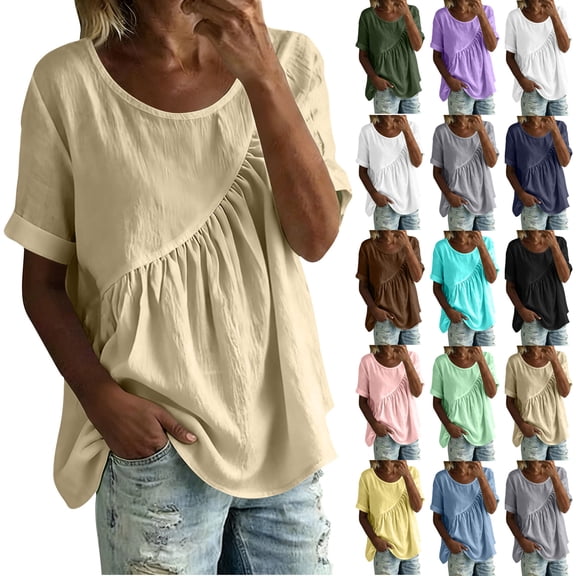 Axiiglly Linen Tops for Women Boho Short Sleeve Crewneck Ruched Pull On Tunic Blouses Summer Outdoor Travel Shirts, S-2XL