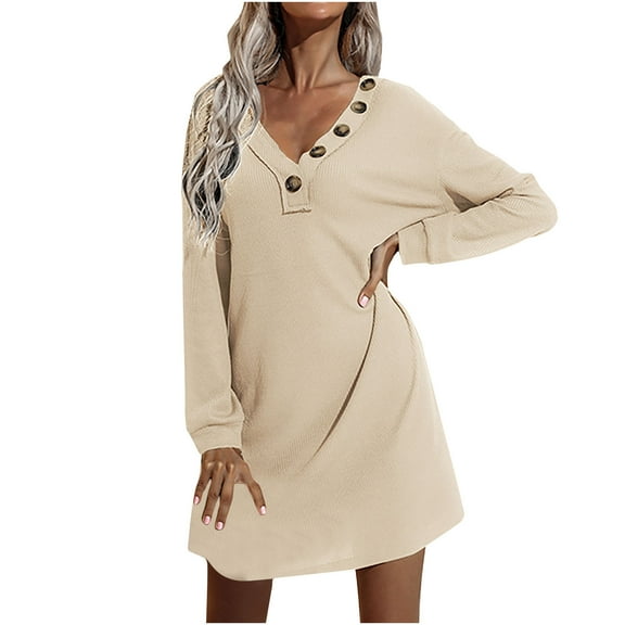 Herrnalise Women’s Dresses Summer 2024 Autumn Winter Fashion Long Sleeve V-Neck Solid Buttons Knitting Dress S-XL