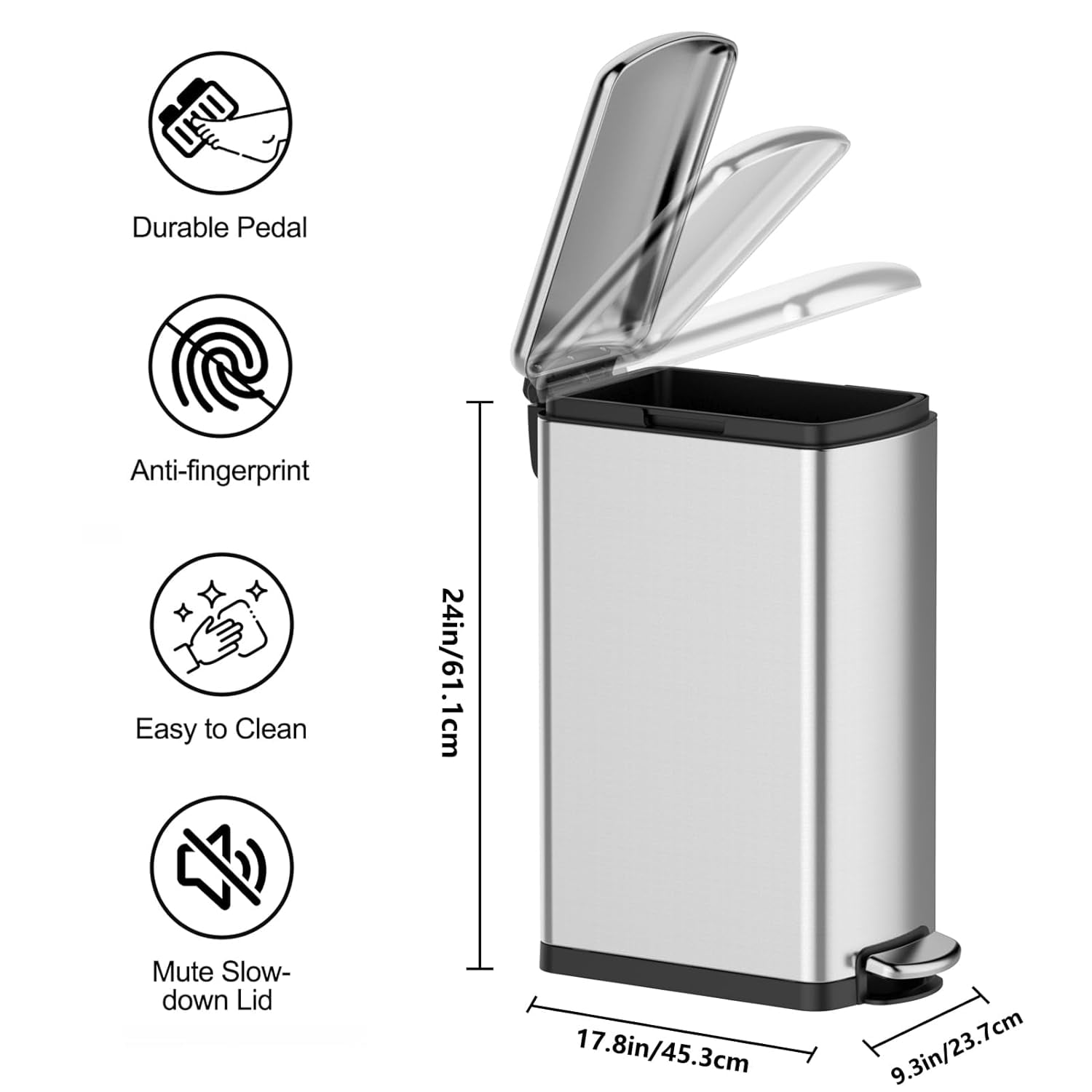 8 Gallon Trash Can, Slim Kitchen Trash Can with Soft Close Lid, Stainless Steel Trash Can with Removable Bucket, Rectangular Waste Bins for Kitchen, Bathroom, Office