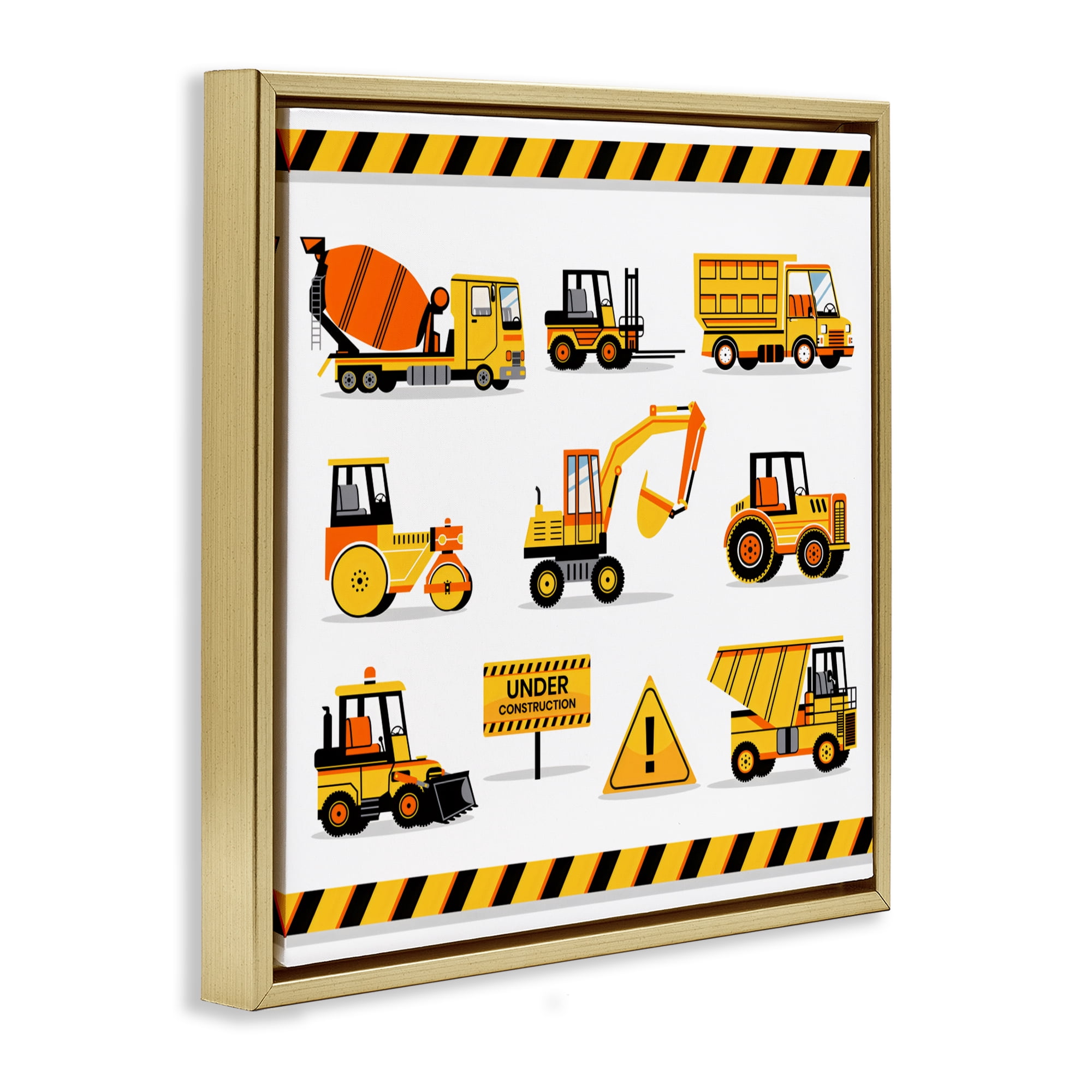 Stupell Industries Construction Vehicles with Warning Gold Framed Floater Canvas Wall Art, design by Creative Studio