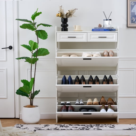 Jopath Freestanding Shoe Organizer Cabinet Particle Board Narrow Shoe Storage Cabinet Shoe Cabinet With 3 Hidden Flip Drawers & 2 Storage Drawer,For Entryway Hallway(White)