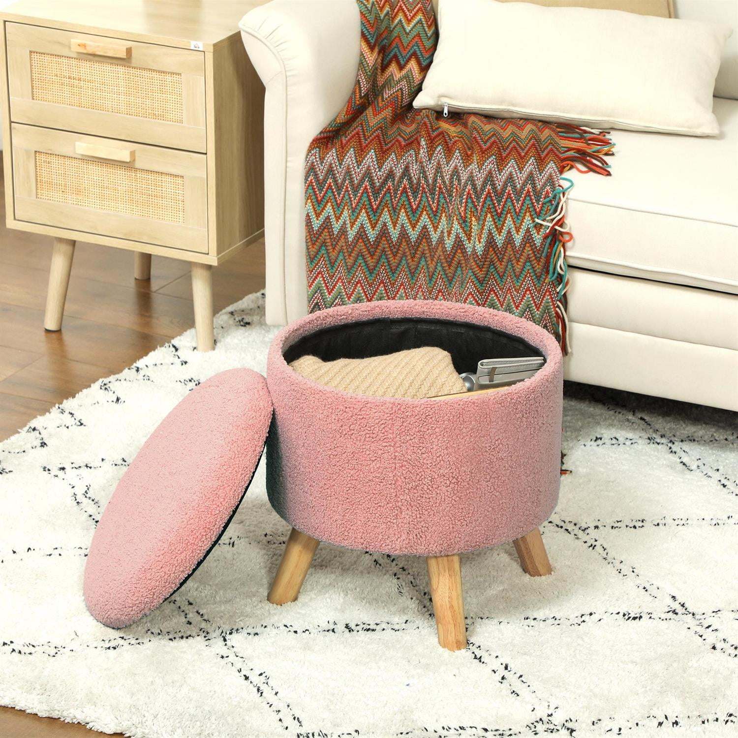 Demi Bonn 15" Ottoman Stool with Storage and Padded Seat, Round Footstool with Hidden Space and Wood Legs for Living Room, Pink