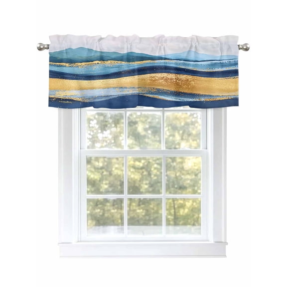 Abstract Ocean Waves Valances for Windows Gradient Teal Gold Mountain Art Kitchen Valance Curtain Rod Pocket Small Curtains for Cafe Bathroom Laundry Basement 42" x 12"