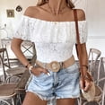 thumbnail image 1 of Uootdi Womens Off Shoulder Tops Ruffle Lace Trim Solid Color Bodysuits Casual Slim Fit Lightweight Soft Comfy Daily Wear Gift, 1 of 7