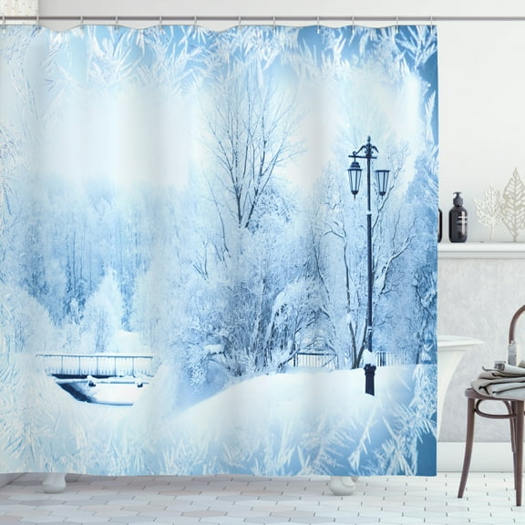 Winter Shower Curtain, Winter Trees in Wonderland Theme Christmas New Year Scenery Freezing Icy Weather, Fabric Bathroom Set with Hooks, 69W X 75L Inches Long, Blue White, by Ambesonne