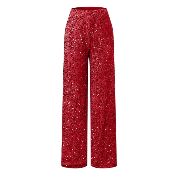 KKBOTIVE Flare Bottom Pants for Women Carnival Sequin Sparkly Casual Comfy Glitter Wide Legs Baggy Loose High Waist Trousers Red, Size: M