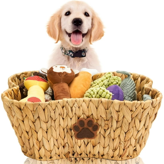 Wicker Dog Toy Basket Organizer, Large Bone Shape Bin with Dog Paw Decor, Natural Water Hyacinth Box for Pet Chew Toys, Blankets, Treats