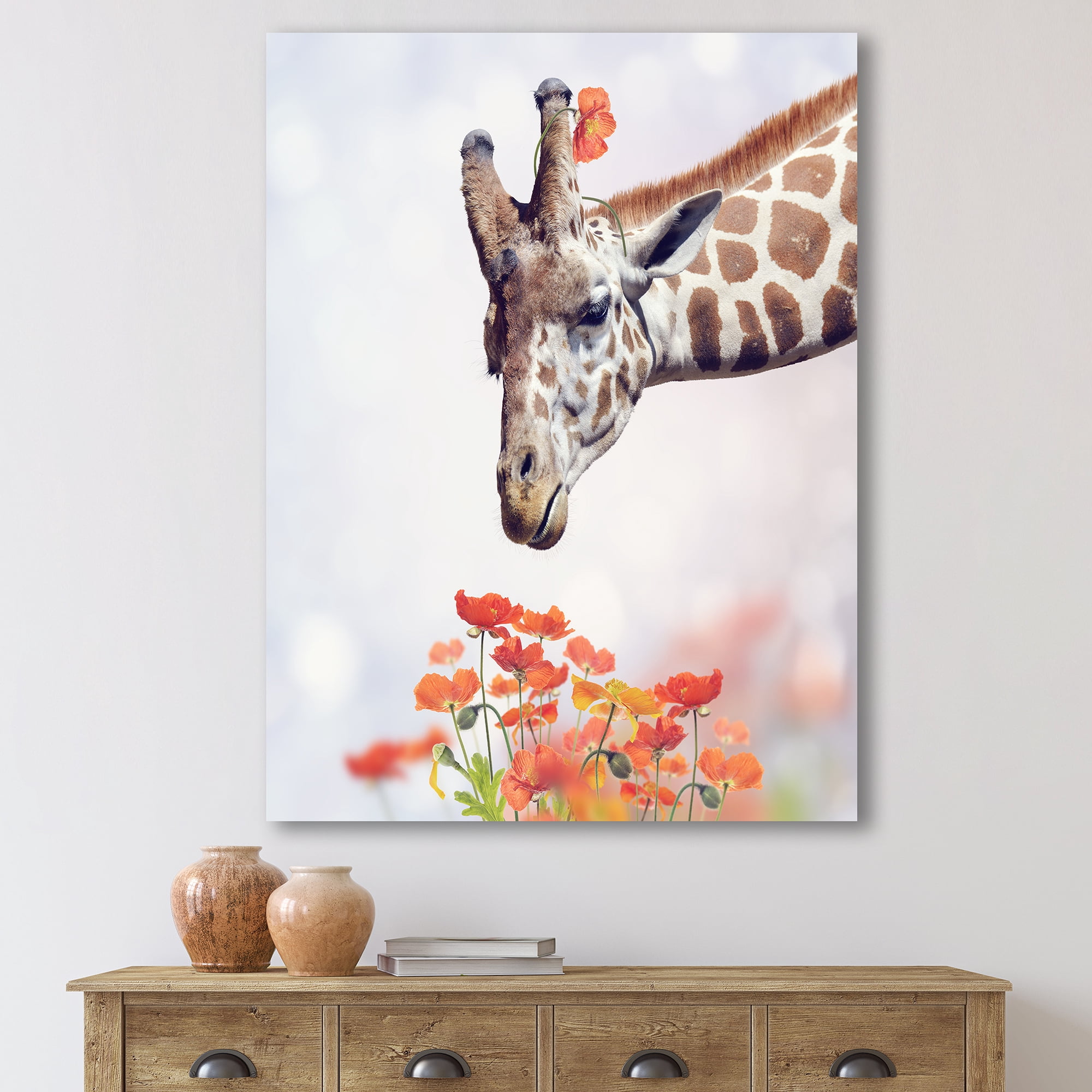 Designart ' Portrait of A Giraffe With Orange Flowers ' Farmhouse Canvas Wall Art Print