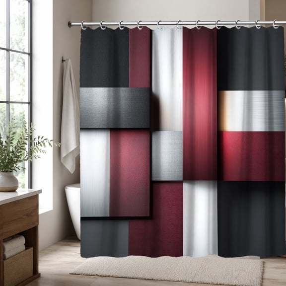 Modern Abstract Shower Curtain, Black Red Silver Geometric Bathroom Decor, Contemporary Fabric Shower Curtain, 70.87 x 70.87 Inch