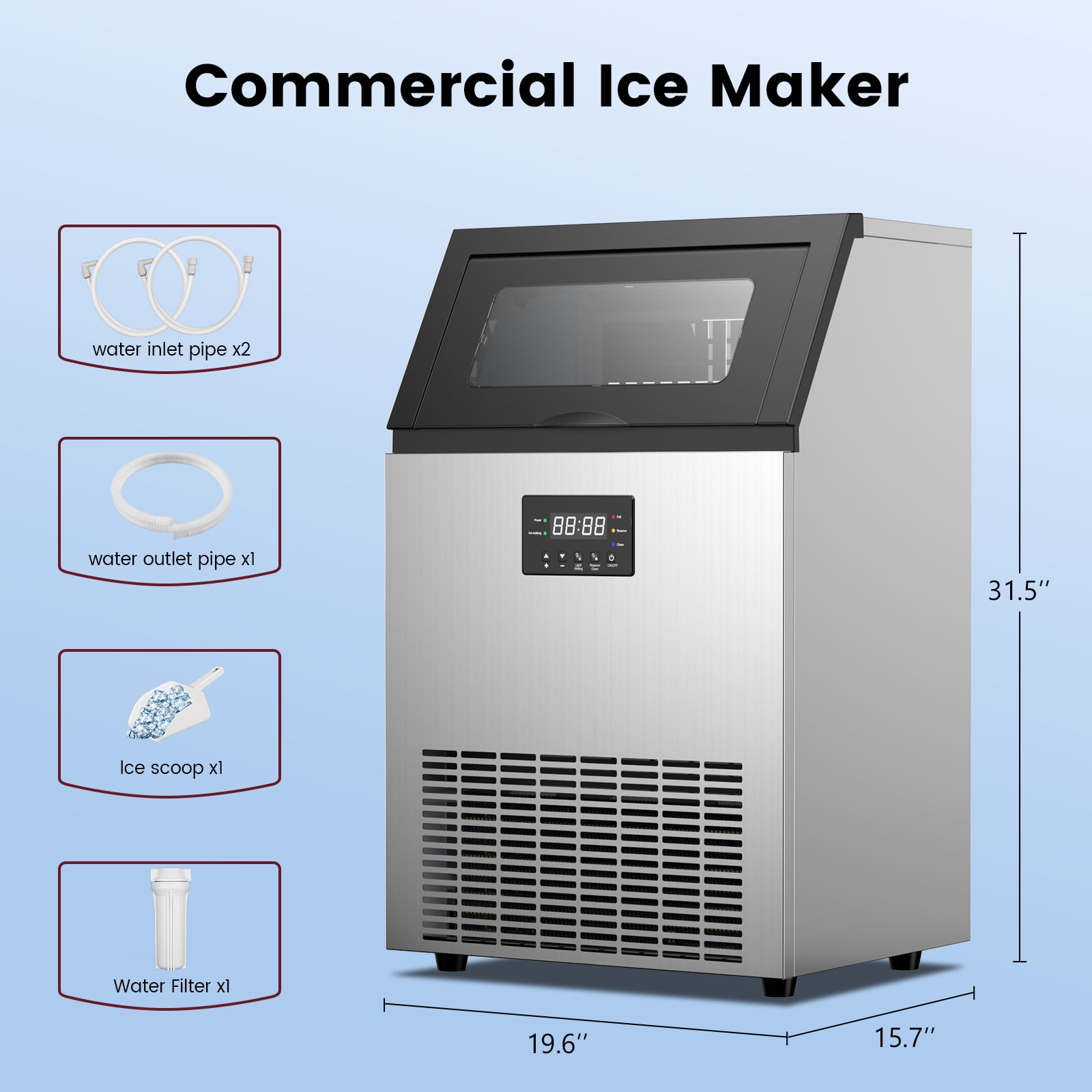 150lbs/24H Commercial Ice Maker Machine, Stainless Steel Under Counter ice Machine with 50lbs Ice Storage Capacity, Freestanding Ice Maker