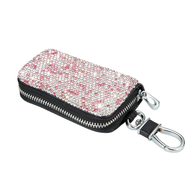 eing Bling Crystal Car Key Case Genuine Leather Auto Smart Keychain Holder  Metal Hook and Keyring Zipper Bag for Remote Key Fob - Pink