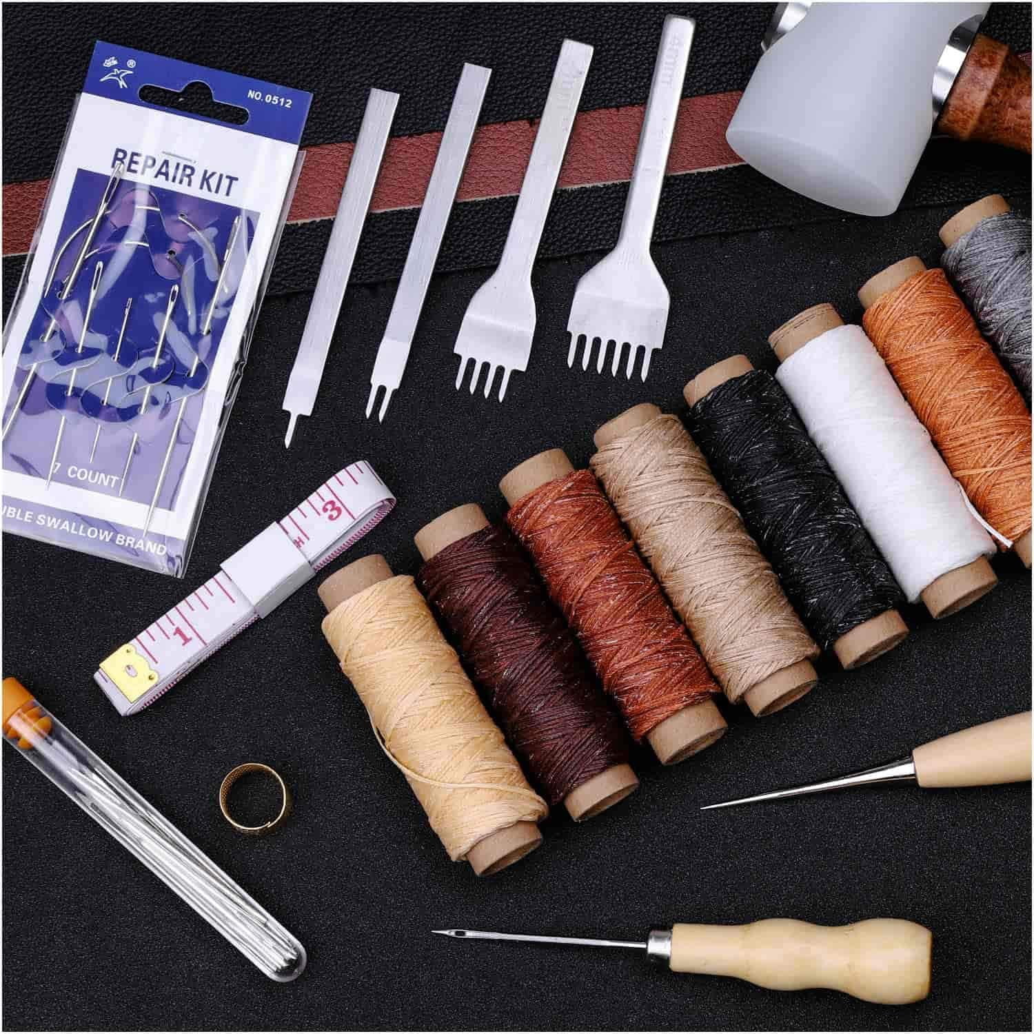 35 Pcs Leather Pouch Kit with Hole Punch, Sewing Tools, Waxed Thread and Large-Eye Stitching Needles for Beginner Crafting Projects