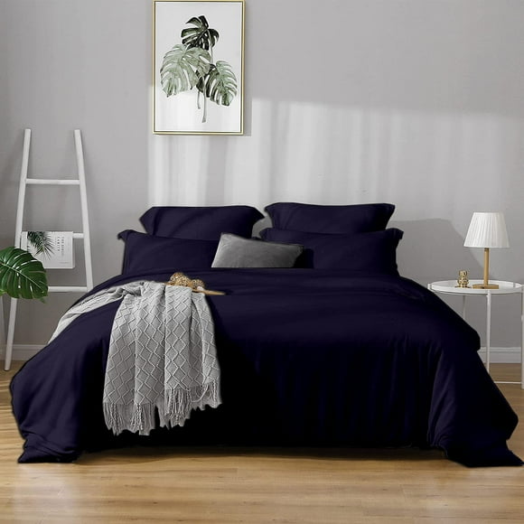 Precious Star Linen Bleu Marine Uni / Très Grand Très Grand 120x98 / Ensemble Housse de Couette 3 Pcs Doux et Confortable Coton Égyptien / Fermeture Éclair et Attaches d'Angle / 1 Housse de Couette avec 2 Taies d'Oreiller