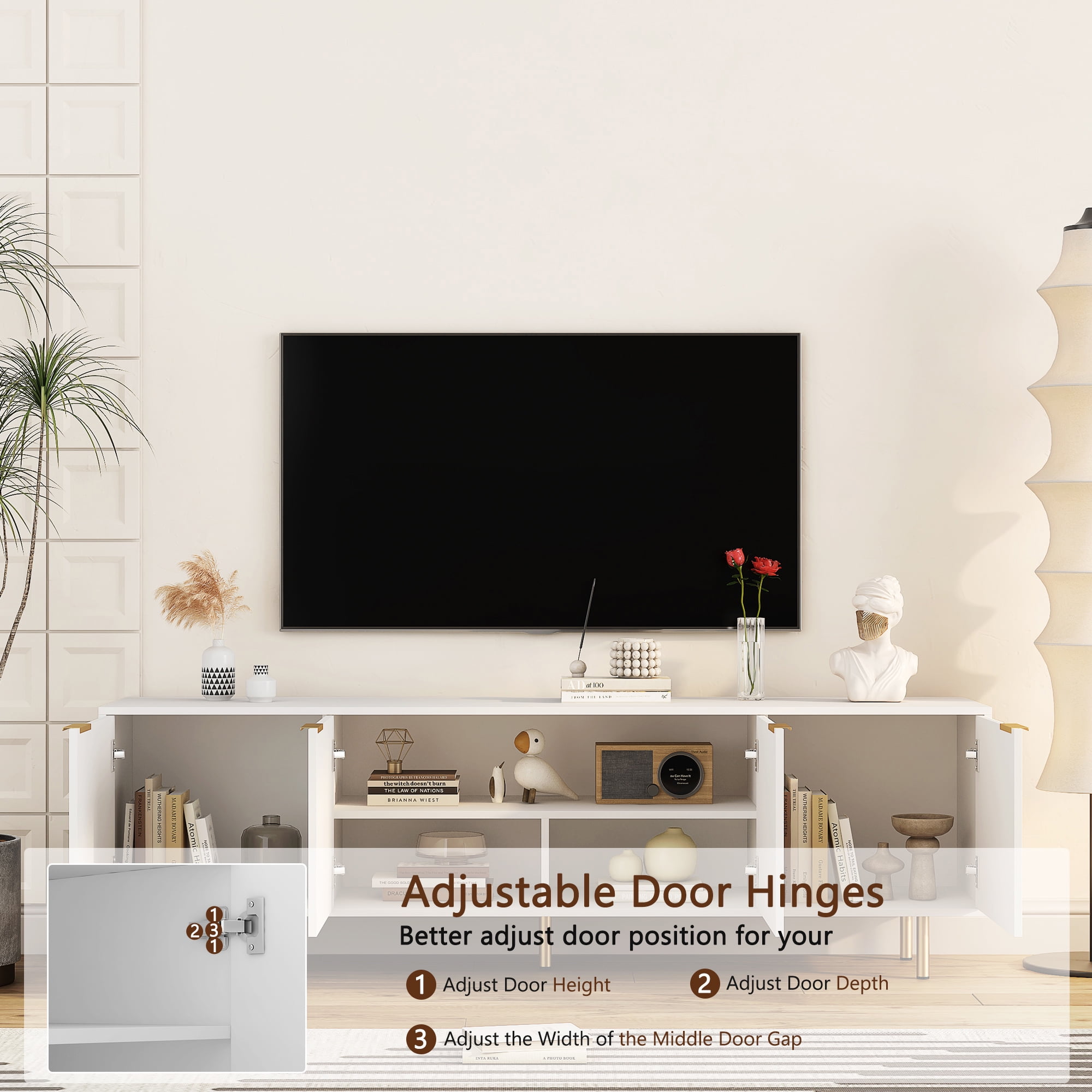 HIUU White Modern Fluted TV Stands for Living Room, Entertainment Center with 4 Doors Cabinet Storage,Console Table Metal Adjustable Legs for 65''TV
