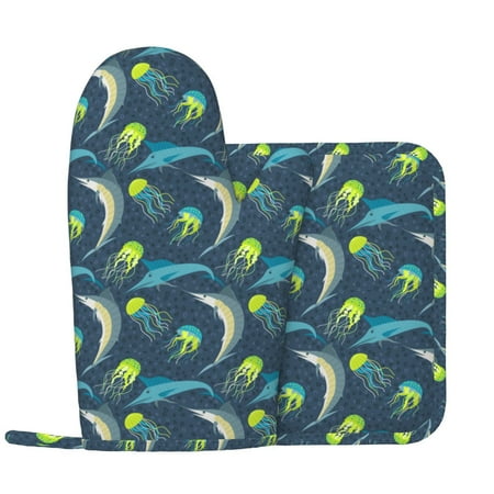 

Oven Mitts and Pot Holders Sets - Tuna Fish Jellyfish Heat Resistant Silicone Oven Gloves (Left Glove) with Non-Slip Silicone Surface and hot pads for kitchen Baking Cooking