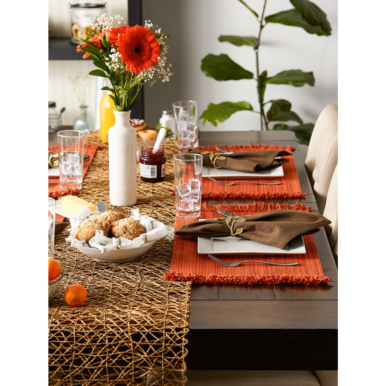 Contemporary Home Living Knotted Fringe Rectangular Woven Cotton Placemats - 19" - Burnt Orange -