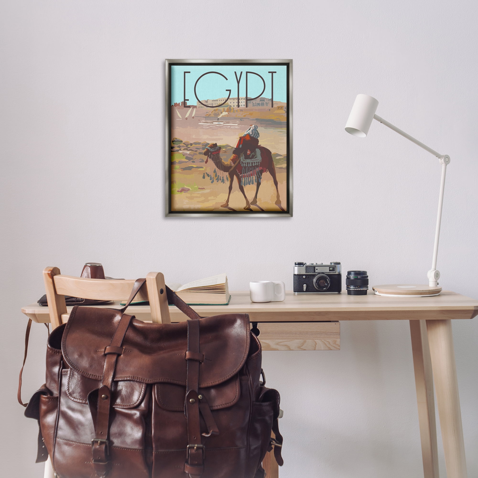 Stupell Industries Egypt Camel Scene Landscape & Nature Painting Gray Floater Framed Canvas Art Print Wall Art, 25 x 31