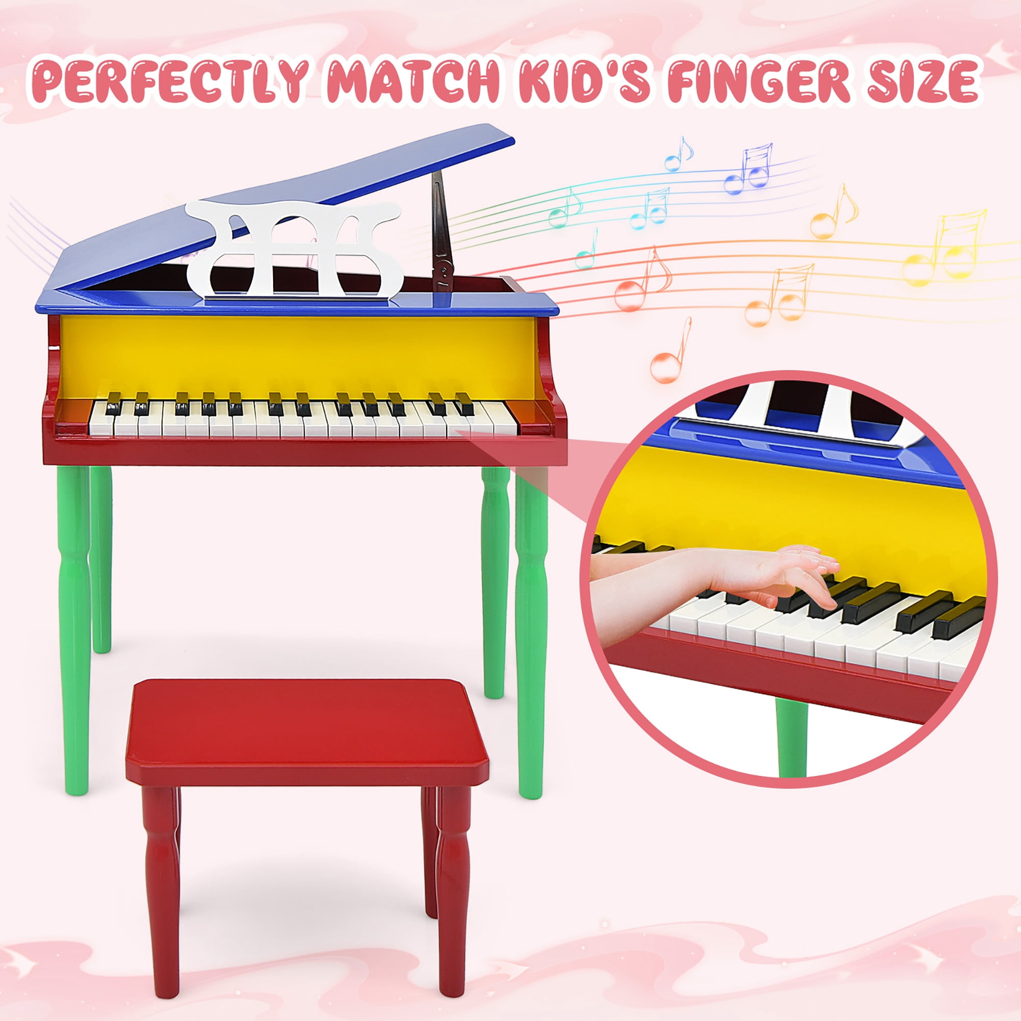Gymax 30-Key Classic Baby Grand Piano Toddler Toy Wood w/ Bench & Music Rack Colorful