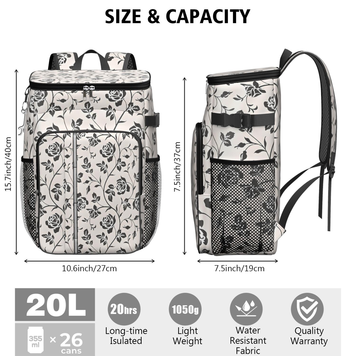 Travel Cooler Bag - Pioneer Flower Floral Print Pattern Camping Beer Cooler Backpack with Bottle Opener- Waterproof Insulated Picnic Backpacks - Cooler Bag for Beach