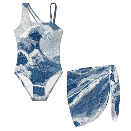 Xoenoiee Sea Waves Pattern Girls One Piece Swimsuit with Cover Up Skirt 2 Piece Bathing Suit Swimwear Sets with Adjustable Straps for Swimming Beach Pool Size 11-12 Years