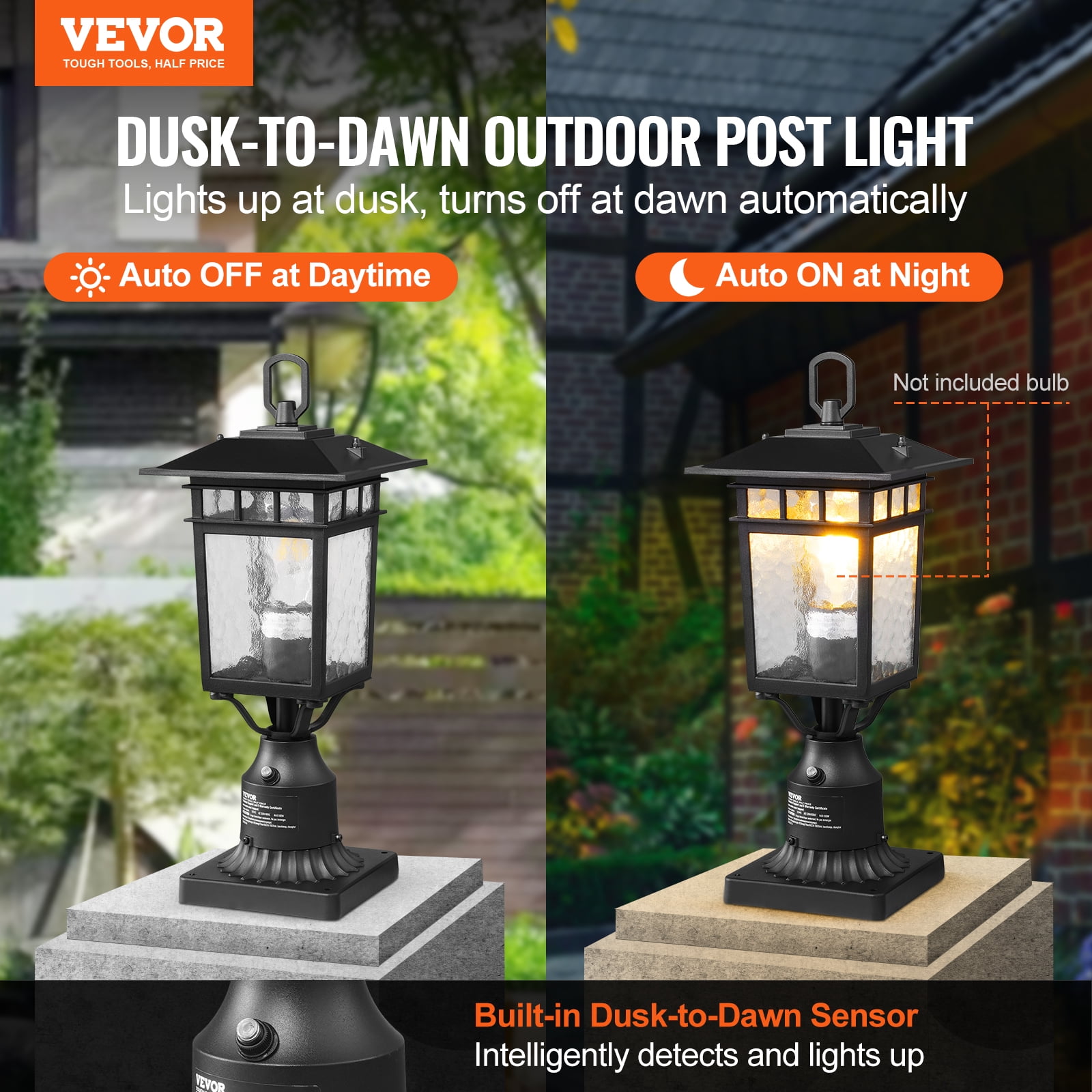 VEVOR 2 Pack Dusk to Dawn Outdoor Post Light, 15.75 in, Waterproof Lamp Post Light Fixtures with 5.5 in Pier Mount Base Glass Shade, Lightning-proof Exterior Pole Column Light