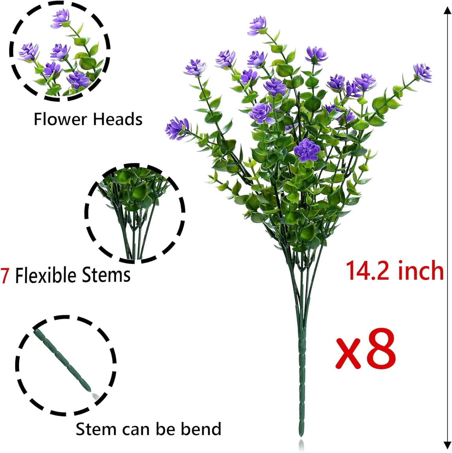 8 Bundles Purple Artificial Flowers Outdoor Fake Flower Plastic UV Resistant Shrubs Greenery Plants Hanging Decorations Garden Porch Window Box Farmhouse Outside Summer Indoor Decor