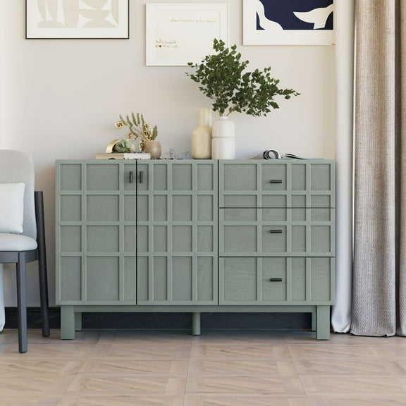 COZAYH Modern Sideboard Buffet Cabinet with 2 Doors & 3 Drawers, Minimalist Grid Carved Pine Front Storage Cabinet for Living Room, Kitchen, Ash Veneer Top, Metal Legs, Light Green