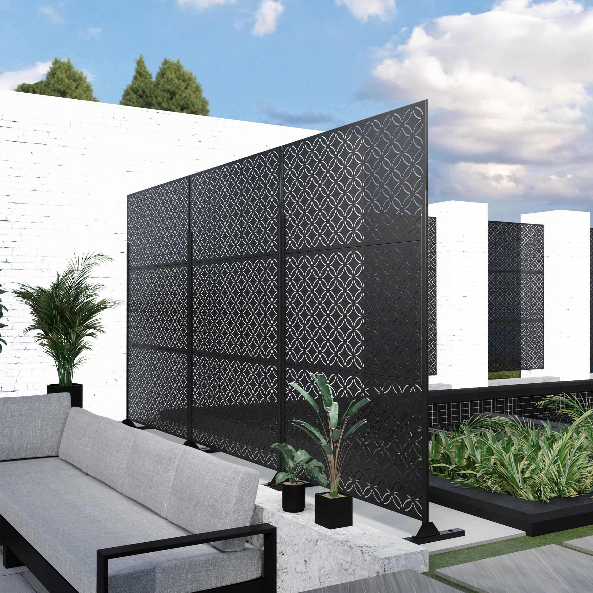 MAYEERTY 72×47" Outdoor Black Metal Privacy Panel Screen for Backyard & Garden, Coin Pattern