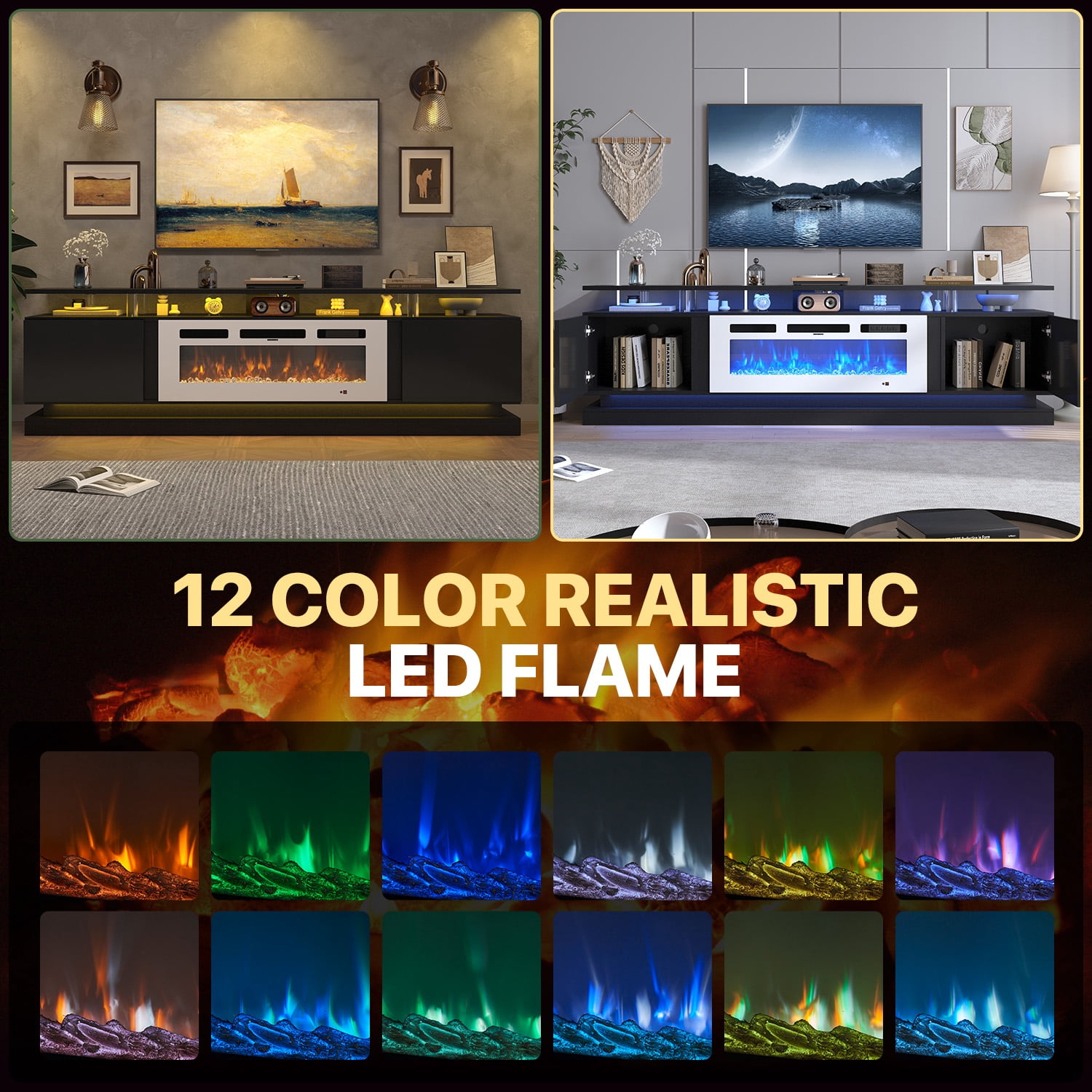 BaPiPro 80" Modern Electric Fireplace TV Stand for TVs up to 90", Entertainment Center with Music Sync LED Lights & Storage Cabinets, Media Console for Living Room, Black & White