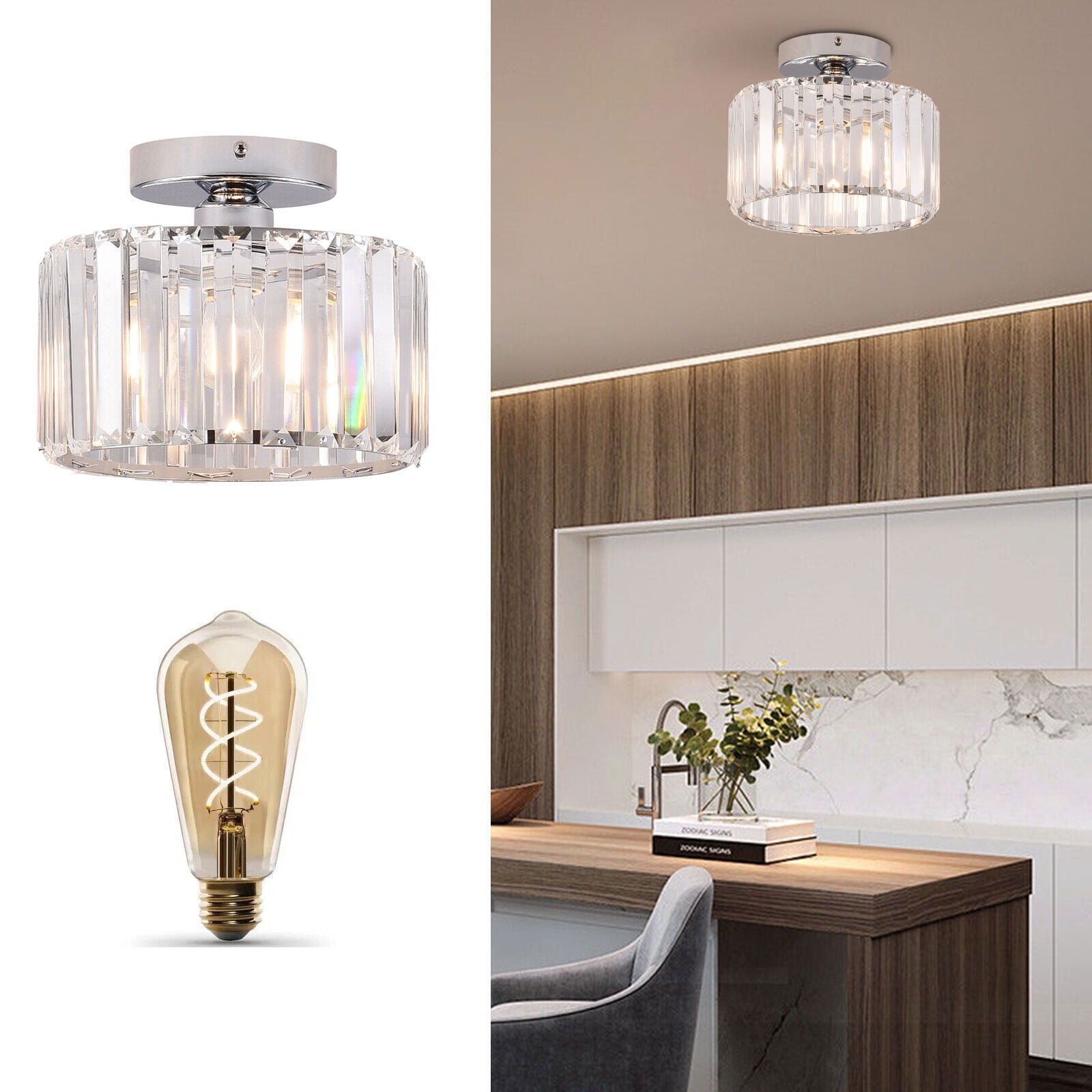 Modern Round Chandelier LED Ceiling Light Pendant Lamp Crystal Fixture Kitchen