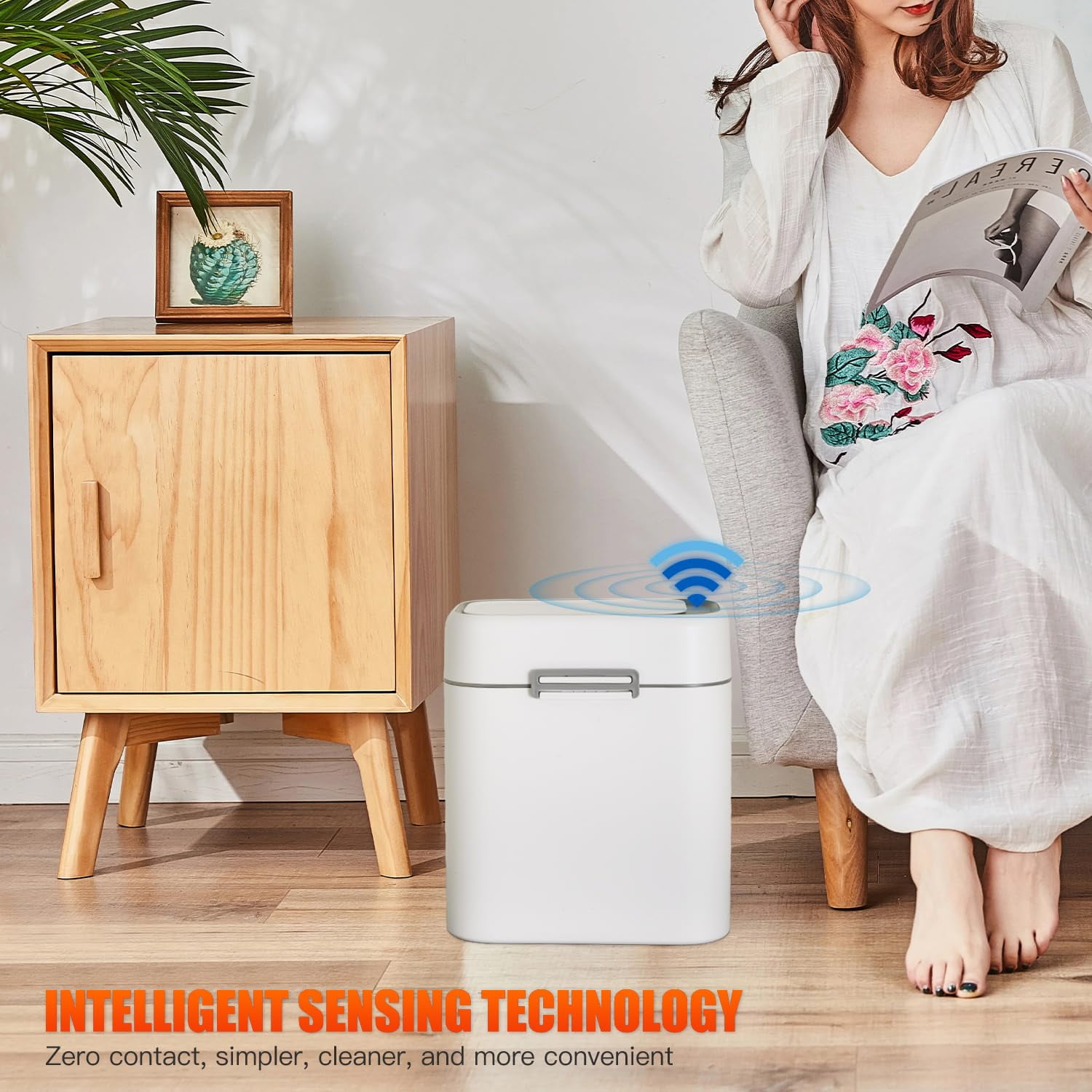 CL.HPAHKL 2.2 Gallon Smart Touchless Motion Sensor Trash Can, Automatic Garbage Bin with Lid, Small Slim Garbage Can, Waterproof for Bathroom, Bedroom, Office (2, White)