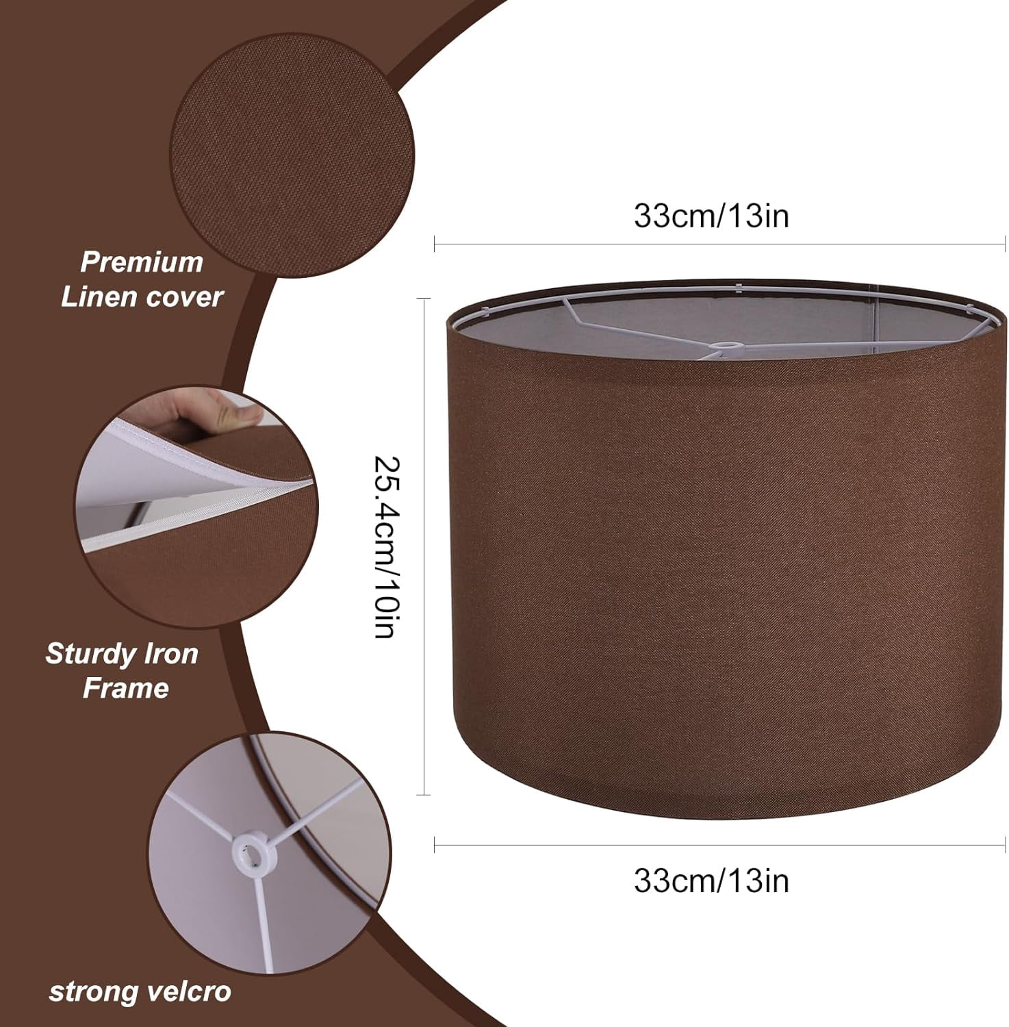 Lamp Shades Set of 2, Drum Lampshade for Table Lamps Floor Lamp, 13" Top X 13" Bottom X 10" High Brown Large-Medium Line Fabric Lamp Shades, Easy Assembly Replacement Lampshades