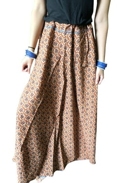 Women Maxi Skirt, Orange Beige Casual Summer Printed Gypsy Skirt, Boho Long Skirts S/M
