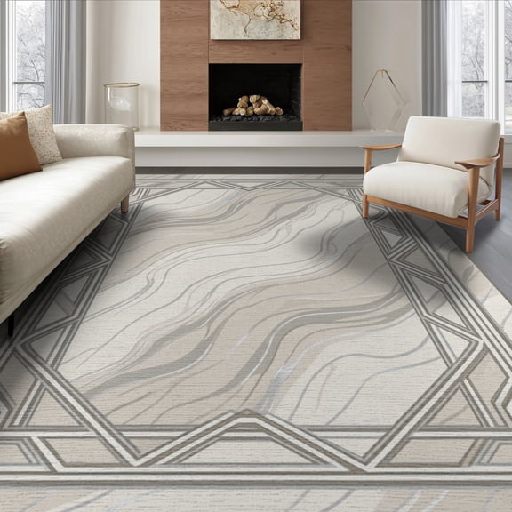 ODIKA 8'x10' Washable Area Rug Bathroom Farmhouse Ash Abstract Asymmetrical Shapes Entryway for Living Room, Under Sectional, Family , Durable, Non-Slip