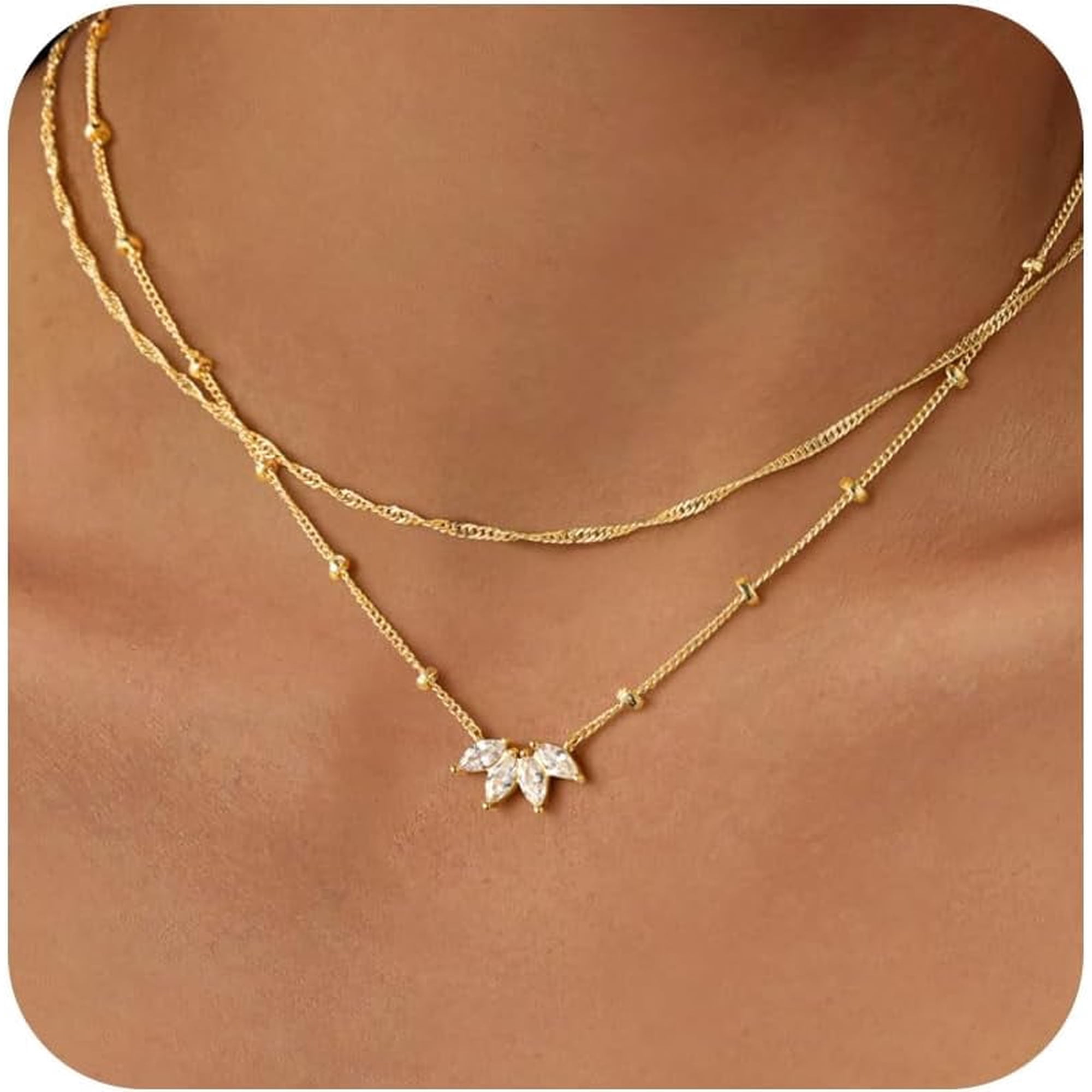 Turandoss Dainty Layered 14K Gold Plated CZ Pendant Necklace for Women Elegant Cubic Zirconia Pendants Satellite Chain Layer Choker Necklaces Set Stack Trendys Jewelry Gifts