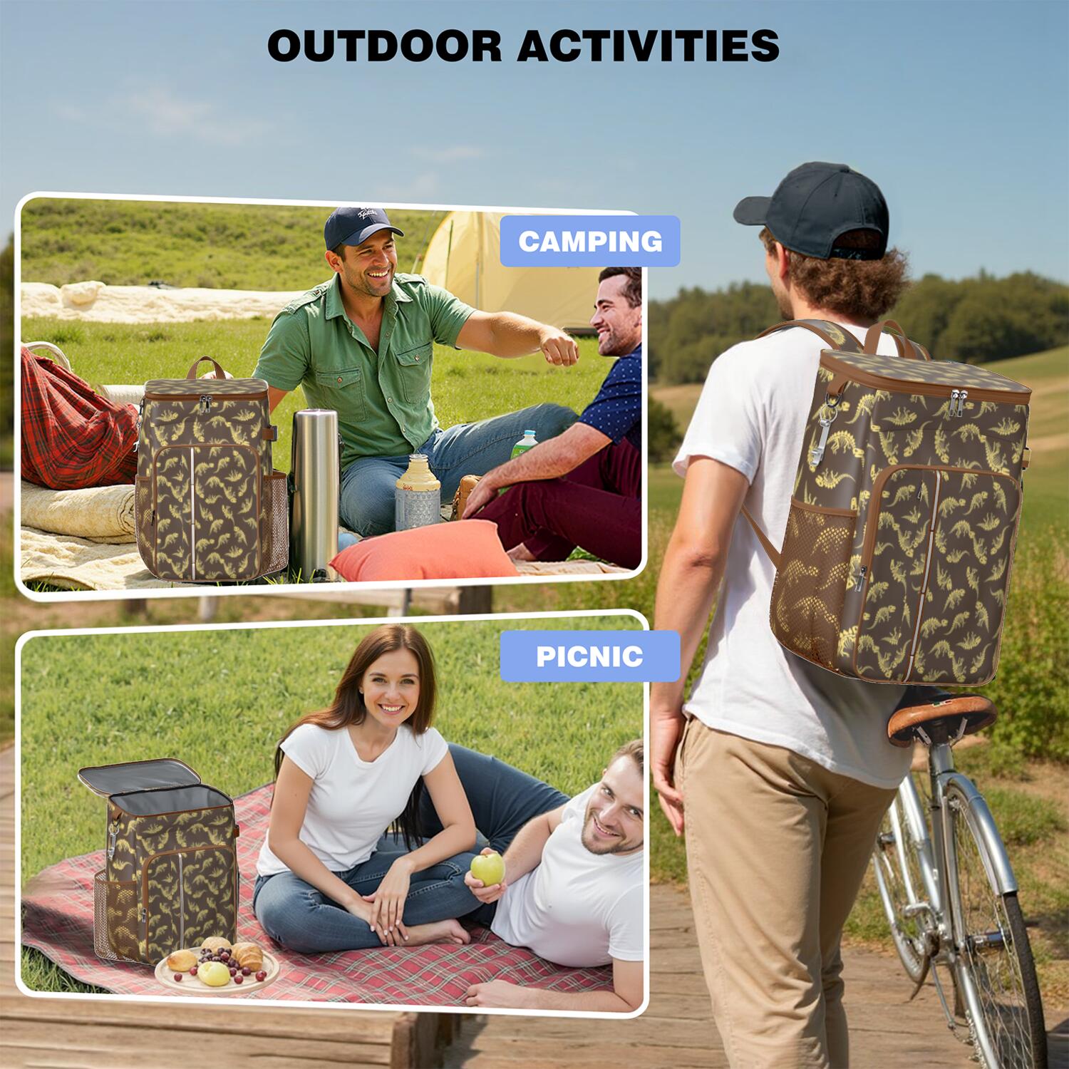 Travel Cooler Bag - Brown Cartoon Dinosaurs Skeletons Pattern Camping Beer Cooler Backpack with Bottle Opener- Waterproof Insulated Picnic Backpacks - Cooler Bag for Beach