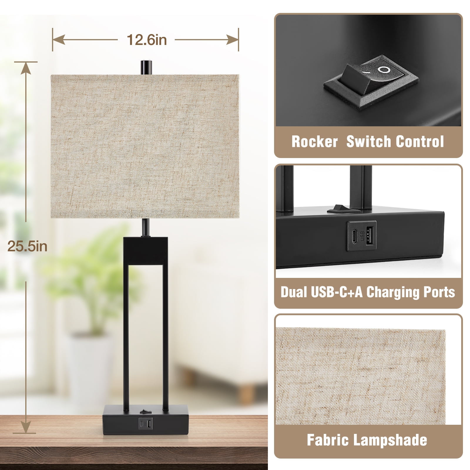 NATYSWAN Modern Table Lamps for Set of 2, USB A+C Charging, 3 Colors Changeable for End Tables, Night Stand Lamps for Bed Side Guest Room Office Reading