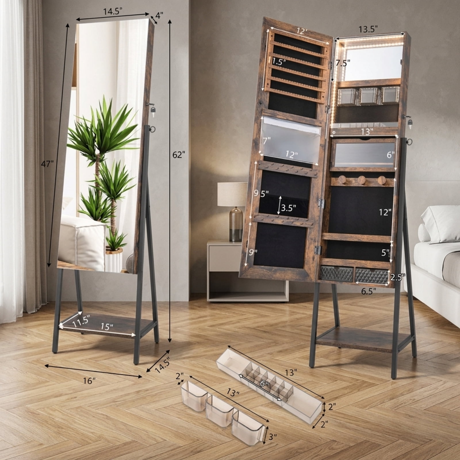 Furnibear Freestanding Jewelry Cabinet with Full-Length Mirror for Bedroom Dressing Room Jewelry Necklace Rings Storage Mirror, Rustic Brown