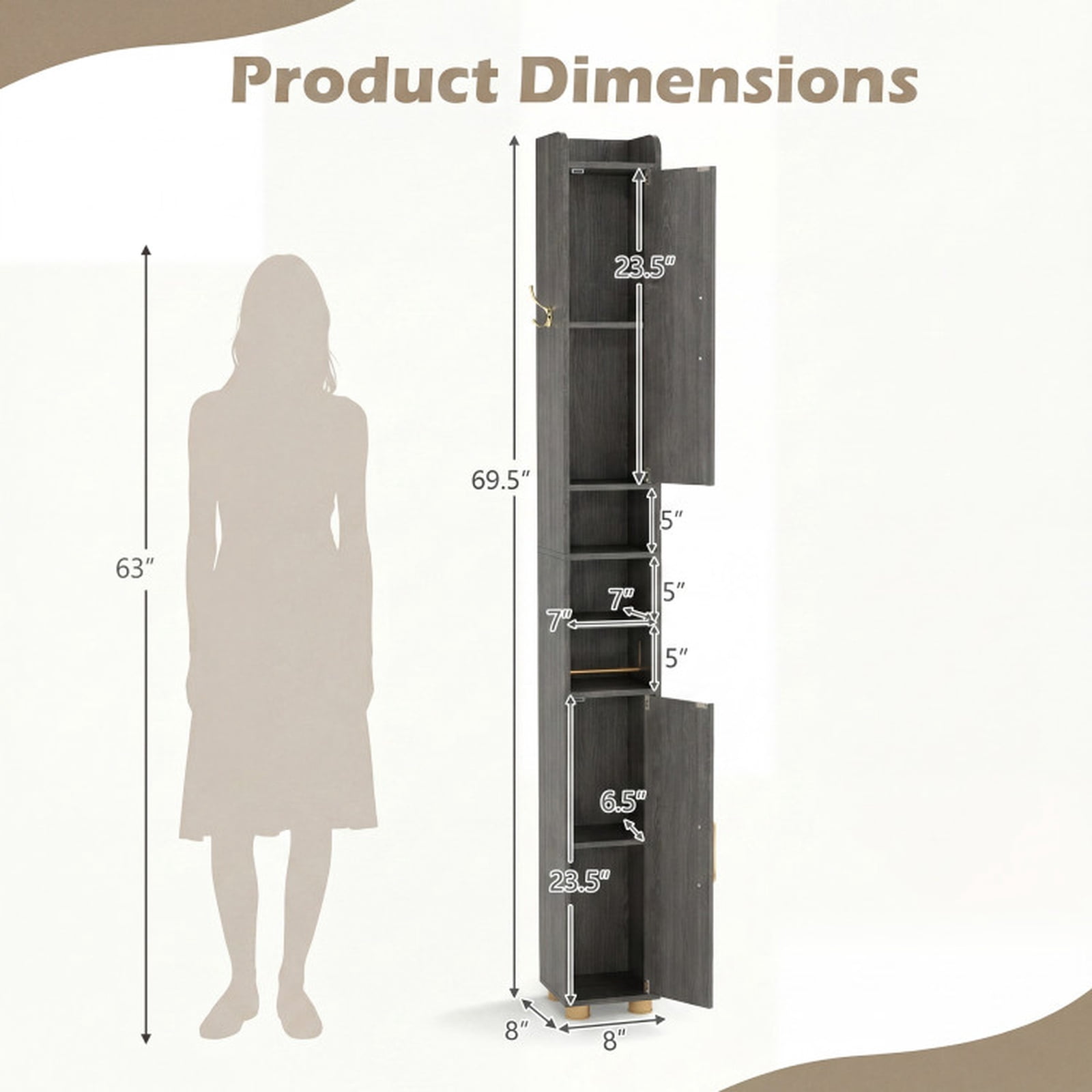 Vebreda Narrow Bathroom Storage Cabinet, Tall Freestanding Slim Tower with 2 Closed Cabinets, Open Shelves and Toilet Paper Holder, Adjustable Shelves, Hook and Golden Handles, Gray