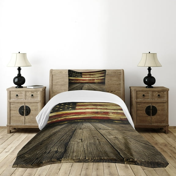 Ambesonne United States Quilted Bedspread Set 2 Pcs, Vintage Flag Wood, Twin Size, Cream and Red