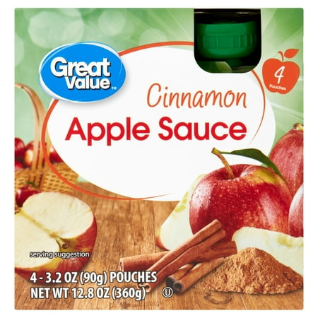 Great Value Cinnamon Applesauce, 3.2 oz, 4 Pouches